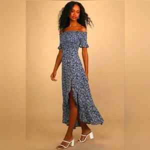 Lulus Fluertation Off the Shoulder High/low Dress in Navy/White XS